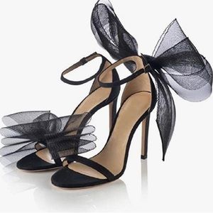 New women sz 9 luxury Black asymmetric mesh bow statement stilettos rare sandals